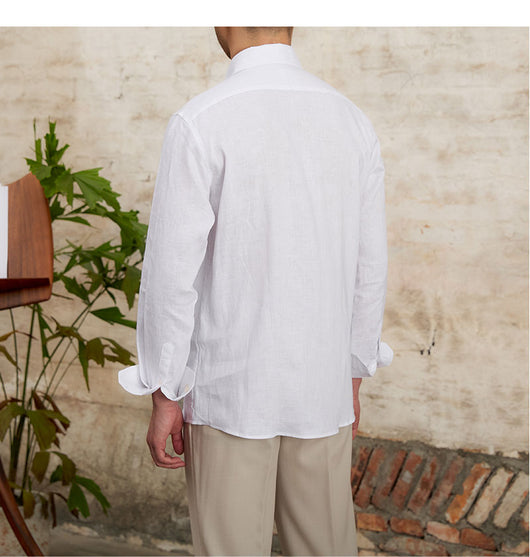 Camisa Retro de Lino Puro Transpirable Manga Larga para Hombre - Image 23