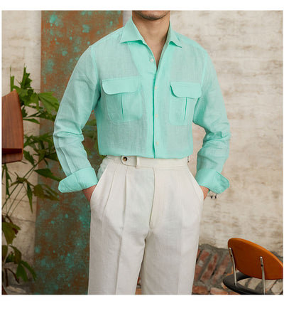 Camisa Retro de Lino Puro Transpirable Manga Larga para Hombre - Image 26