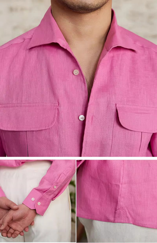 Camisa Retro de Lino Puro Transpirable Manga Larga para Hombre - Image 34
