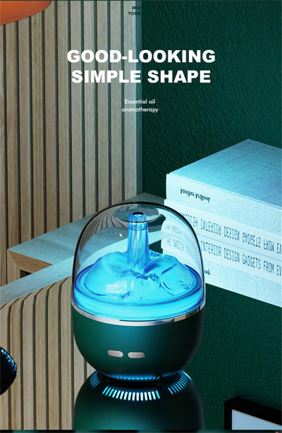 White essential oil diffuser and humidifier with a clear dome top, glowing red inside, and blue LED base light. - Image 14