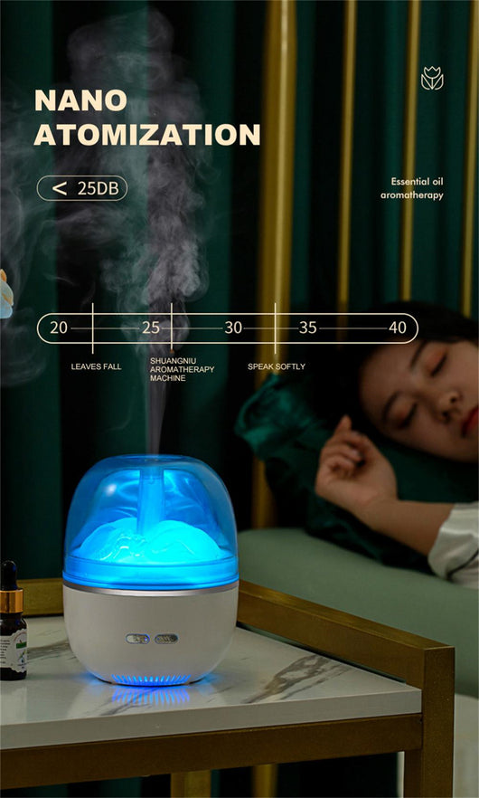 White essential oil diffuser and humidifier with a clear dome top, glowing red inside, and blue LED base light. - Image 15