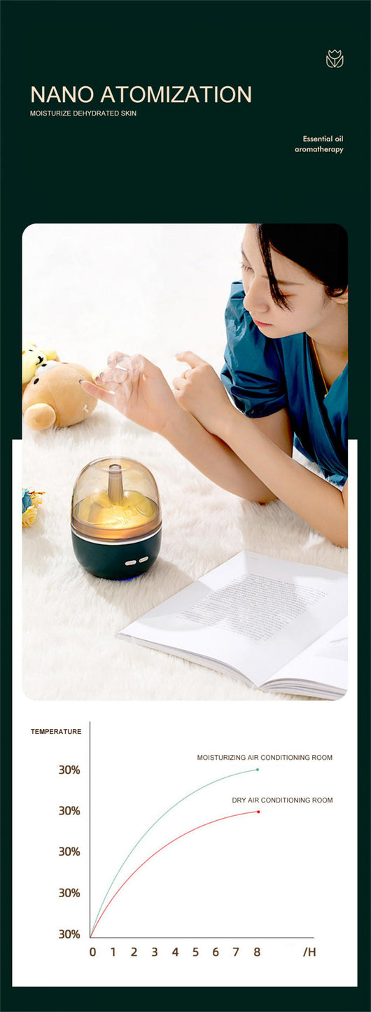 White essential oil diffuser and humidifier with a clear dome top, glowing red inside, and blue LED base light. - Image 21