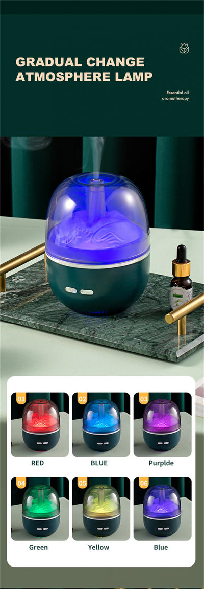 White essential oil diffuser and humidifier with a clear dome top, glowing red inside, and blue LED base light. - Image 22