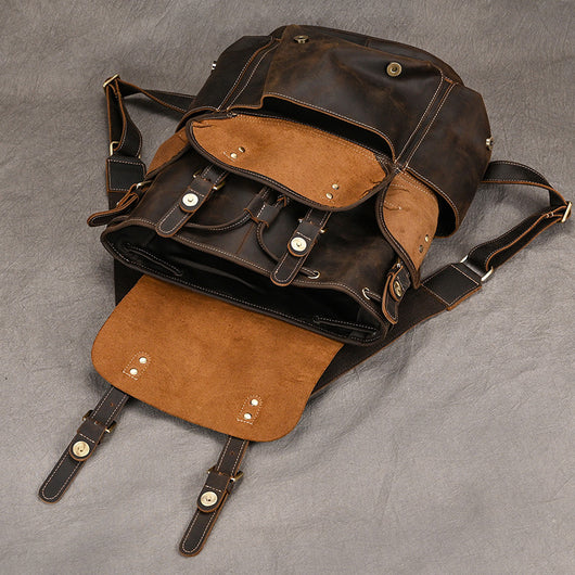 Mochila de Viaje Cuero Crazy Horse Capacidad Jumbo con Solapa Frontal - Image 27