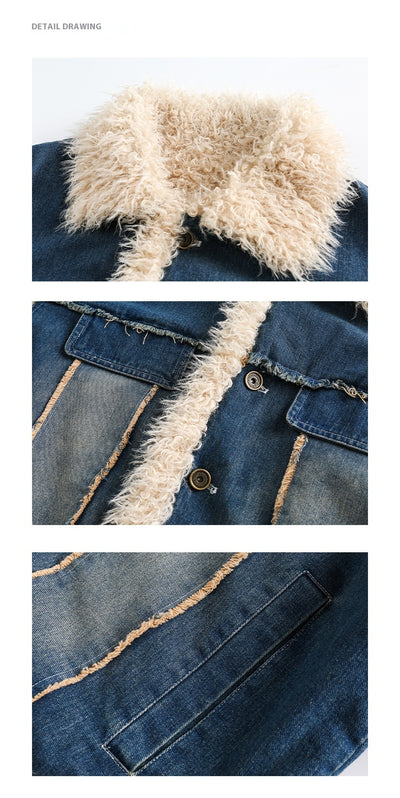 Abrigo Denim Retro con Cuello de Pelaje para Mujer - Image 25