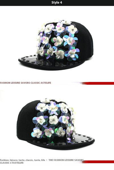 Gorra de Béisbol Hip Hop con Lentejuelas Florales y Visera Plana - Image 18