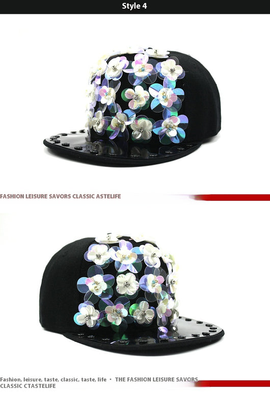 Gorra de Béisbol Hip Hop con Lentejuelas Florales y Visera Plana - Image 18