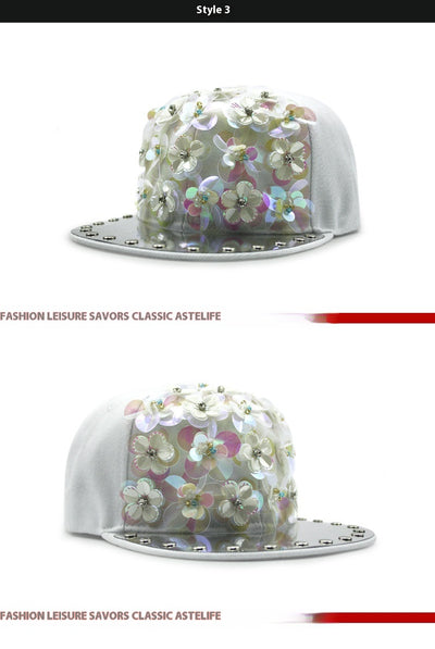 Gorra de Béisbol Hip Hop con Lentejuelas Florales y Visera Plana - Image 22