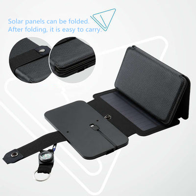 Black portable folding solar panel charger with six panels attached to a backpack in an outdoor setting. - Image 13