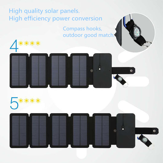 Black portable folding solar panel charger with six panels attached to a backpack in an outdoor setting. - Image 16