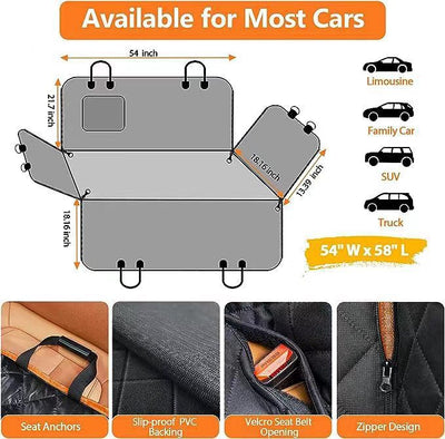 Black quilted pet car seat cover with adjustable straps and side flaps, shown with water droplets on the fabric. - Image 22