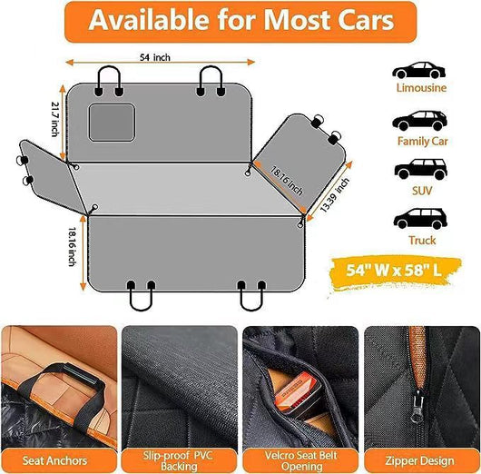 Black quilted pet car seat cover with adjustable straps and side flaps, shown with water droplets on the fabric. - Image 22