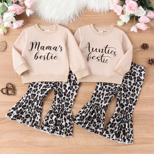 Girls' light pink "Mama's bestie" long-sleeve top with leopard print bell-bottom pants. - Image 16