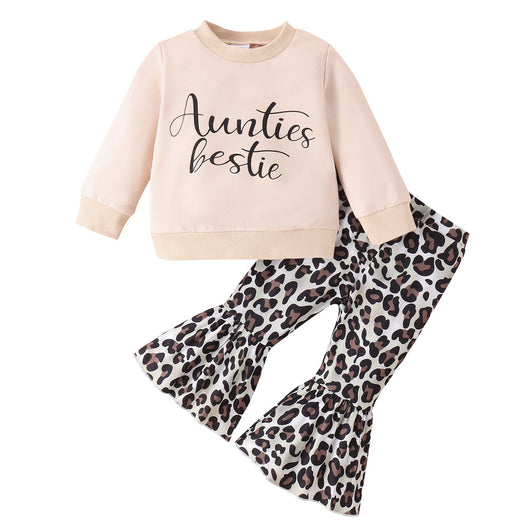 Girls' light pink "Mama's bestie" long-sleeve top with leopard print bell-bottom pants. - Image 17