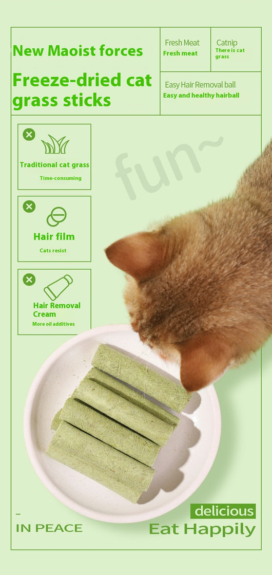 White pouch of freeze-dried cat grass sticks with a green label featuring a cat silhouette and Chinese text. - Image 7