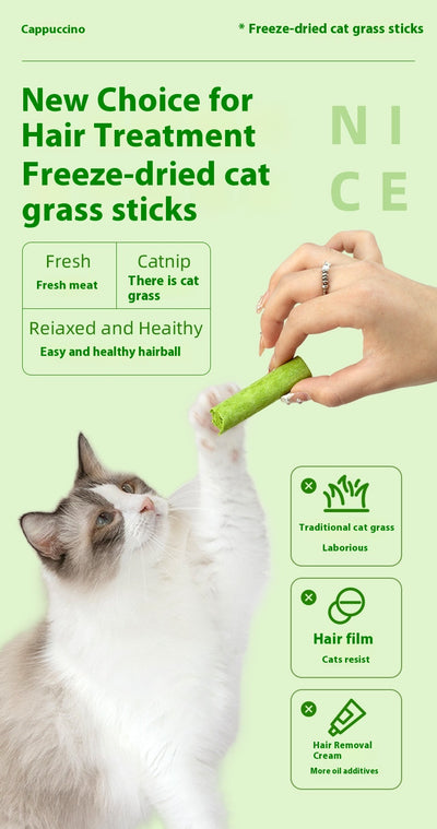 Clear plastic container of green freeze-dried cat grass chicken stick treats with a label featuring a grey cat. - Image 12