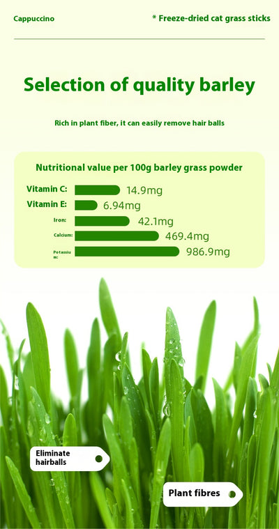 Clear plastic container of green freeze-dried cat grass chicken stick treats with a label featuring a grey cat. - Image 14