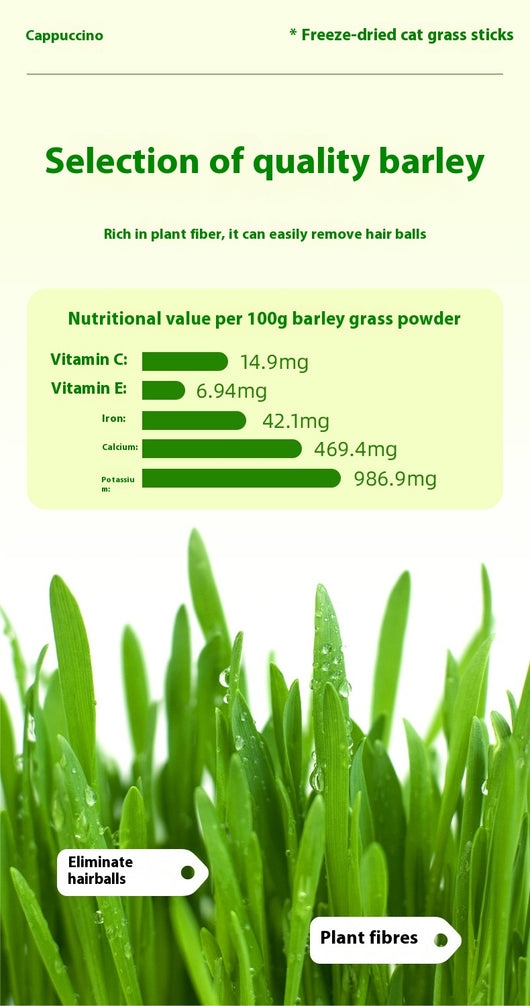 Clear plastic container of green freeze-dried cat grass chicken stick treats with a label featuring a grey cat. - Image 14