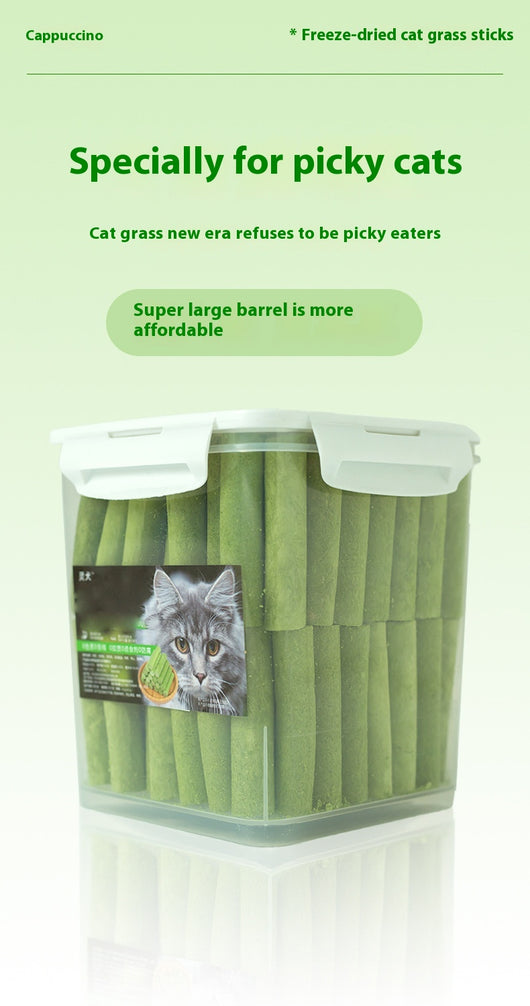 Clear plastic container of green freeze-dried cat grass chicken stick treats with a label featuring a grey cat. - Image 15