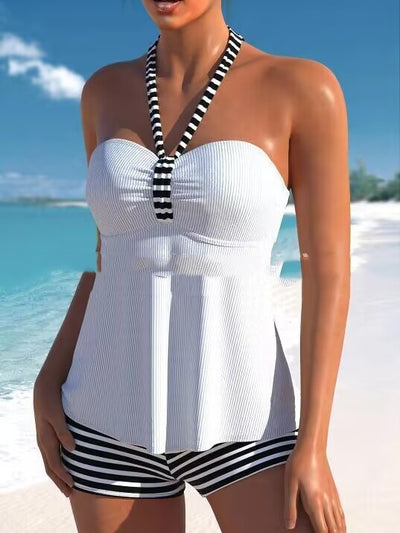 Green ribbed off-shoulder tankini top with striped halter strap and black and white striped boy short swimsuit. - Image 11