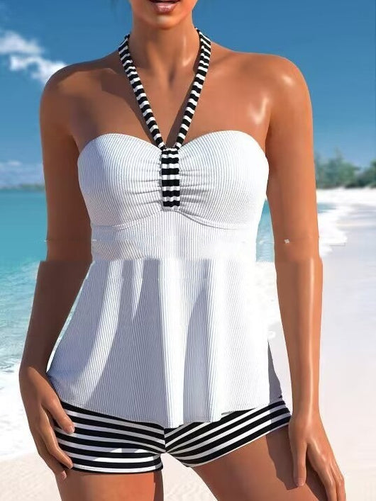 Green ribbed off-shoulder tankini top with striped halter strap and black and white striped boy short swimsuit. - Image 12