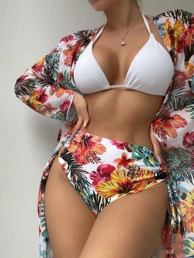 Three-piece bikini set with a solid green halter top, high-waisted tropical floral print bottoms, and matching mesh blouse. - Image 11