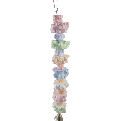 Colorful pepper stone molar string toy for birds, featuring pastel blocks and a metal bell at the bottom. - Image 8