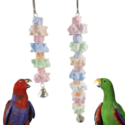 Colorful pepper stone molar string toy for birds, featuring pastel blocks and a metal bell at the bottom. - Image 10