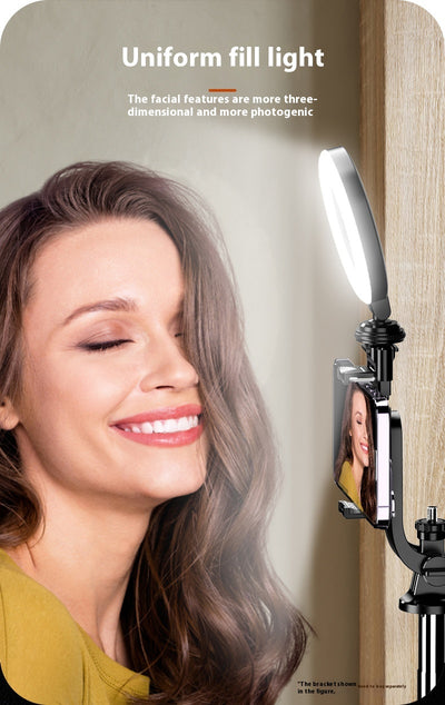 Black mobile phone fill light with two LED panels, mounted on a selfie stick adapter for portable use. - Image 34