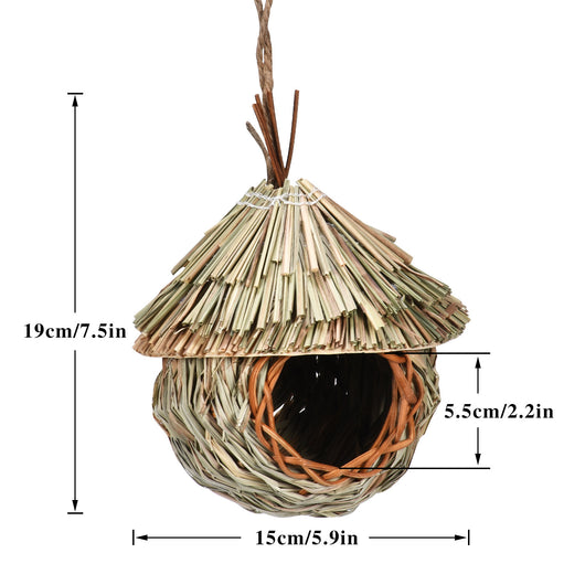 Handmade hanging bird nest crafted from natural grass and wicker, featuring a thatched roof and a round entrance. - Image 15