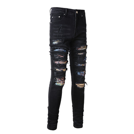 Jeans Rotos Elásticos para Hombre con Parches y Estampado Minimalista - Image 7