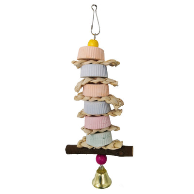Colorful bird toy with stacked ridged blocks, natural straw, a wooden perch, and a golden bell, hanging from a metal clip. - Image 13
