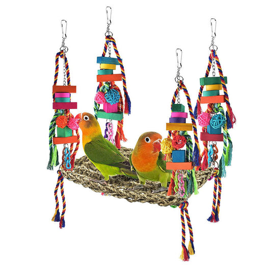 Colorful parrot toy with a woven grass hammock, hanging ropes, wooden blocks, and woven balls, with two parrots. - Image 20