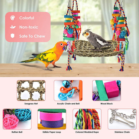 Colorful parrot toy with a woven grass hammock, hanging ropes, wooden blocks, and woven balls, with two parrots. - Image 21