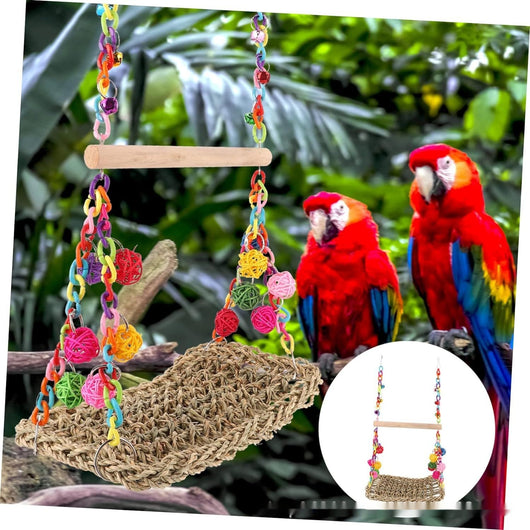 Colorful parrot toy with a woven grass hammock, hanging ropes, wooden blocks, and woven balls, with two parrots. - Image 22