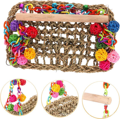 Colorful parrot toy with a woven grass hammock, hanging ropes, wooden blocks, and woven balls, with two parrots. - Image 23