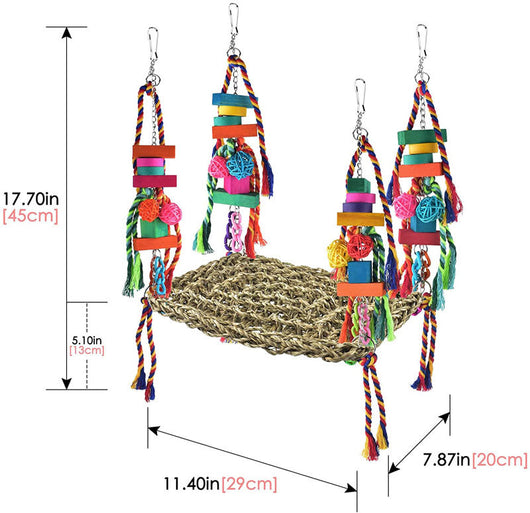 Colorful parrot toy with a woven grass hammock, hanging ropes, wooden blocks, and woven balls, with two parrots. - Image 24