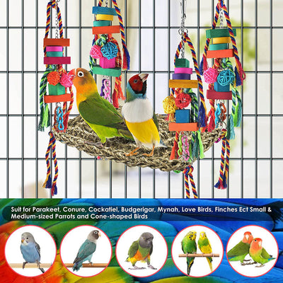 Colorful parrot toy with a woven grass hammock, hanging ropes, wooden blocks, and woven balls, with two parrots. - Image 25