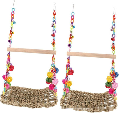 Colorful parrot toy with a woven grass hammock, hanging ropes, wooden blocks, and woven balls, with two parrots. - Image 28