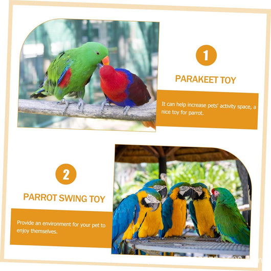 Colorful parrot toy with a woven grass hammock, hanging ropes, wooden blocks, and woven balls, with two parrots. - Image 31