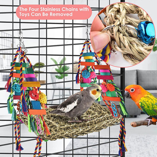 Colorful parrot toy with a woven grass hammock, hanging ropes, wooden blocks, and woven balls, with two parrots. - Image 32