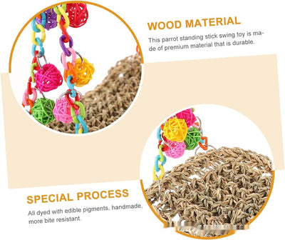 Colorful parrot toy with a woven grass hammock, hanging ropes, wooden blocks, and woven balls, with two parrots. - Image 33