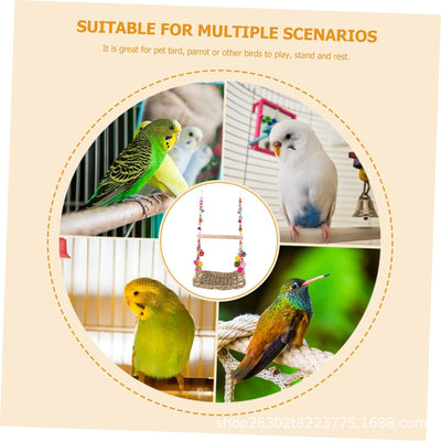 Colorful parrot toy with a woven grass hammock, hanging ropes, wooden blocks, and woven balls, with two parrots. - Image 34