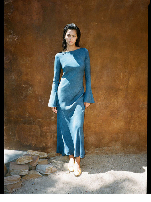 Vestido Largo de Seda Azul con Protección Solar - Estilo Vacacional - Image 16