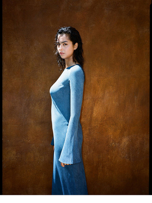 Vestido Largo de Seda Azul con Protección Solar - Estilo Vacacional - Image 19