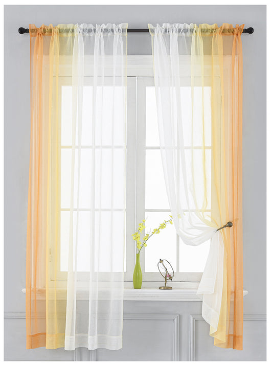 Pink and white gradient sheer rod pocket curtain panels hung on a black rod in front of a window. - Image 16