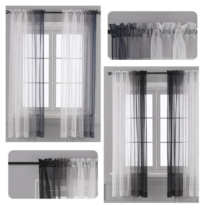 Pink and white gradient sheer rod pocket curtain panels hung on a black rod in front of a window. - Image 17
