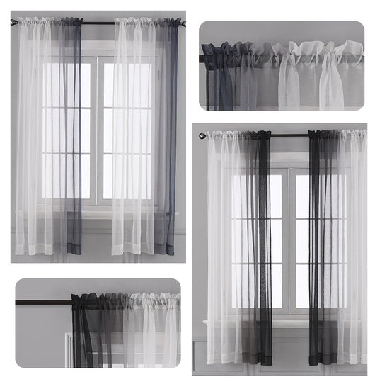 Pink and white gradient sheer rod pocket curtain panels hung on a black rod in front of a window. - Image 17