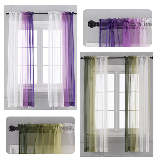 Pink and white gradient sheer rod pocket curtain panels hung on a black rod in front of a window. - Image 18