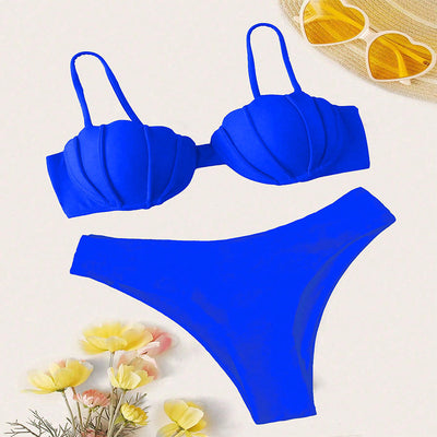 Vibrant blue two-piece bikini with seashell-shaped top and high-cut bottoms, perfect for beach or pool. - Image 11